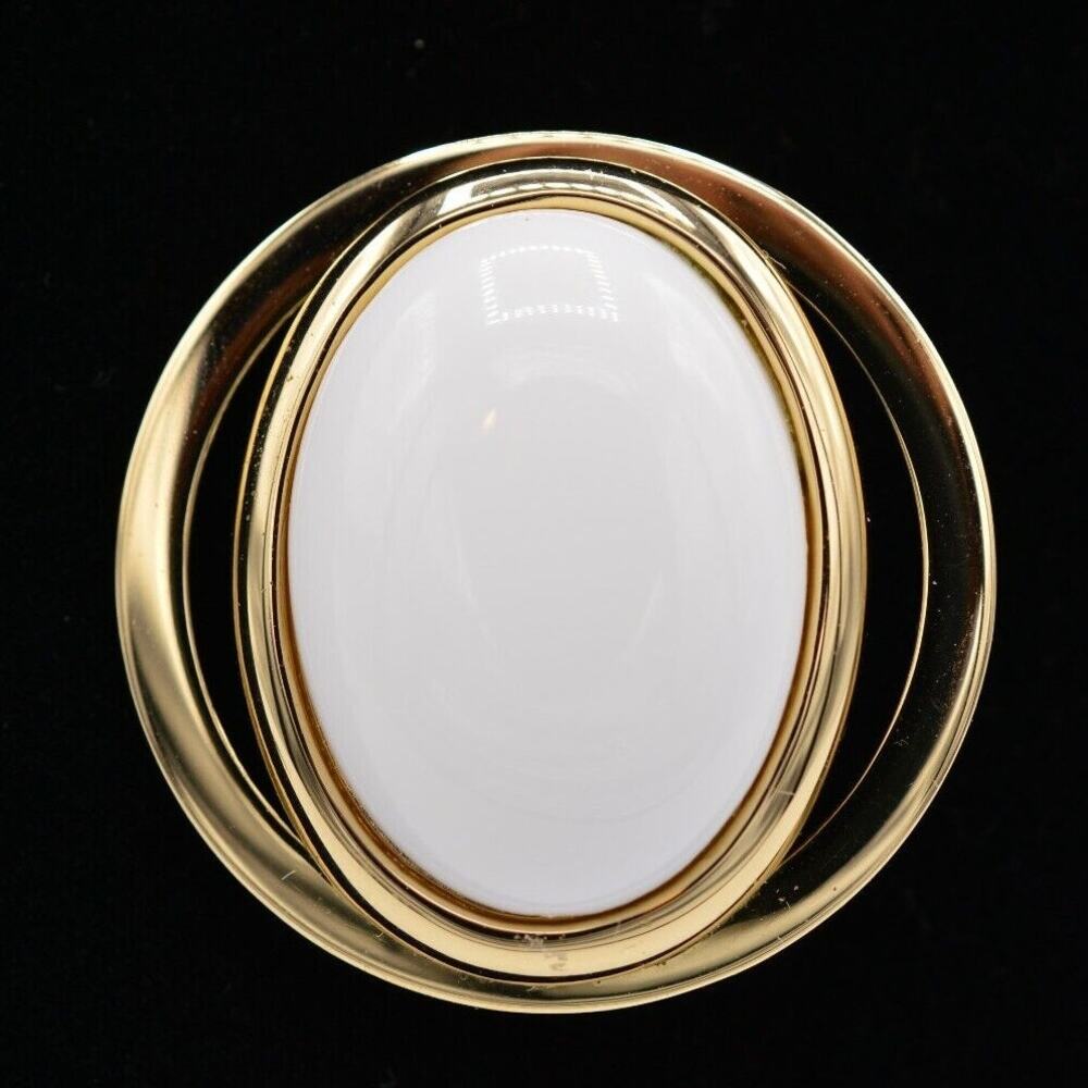 Avon Vintage Beaded Pin Brooch Gold White Cabochon Large Signed 1980s BinAC
